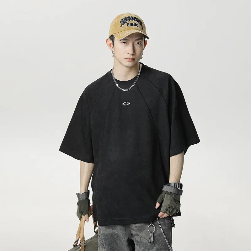 TFETTERS Brand Splicing Suede Male T Shirt 2026 Summer New American Vintage Short Sleeve T-shirts Man Solid Color Mens Clothing - Image 2