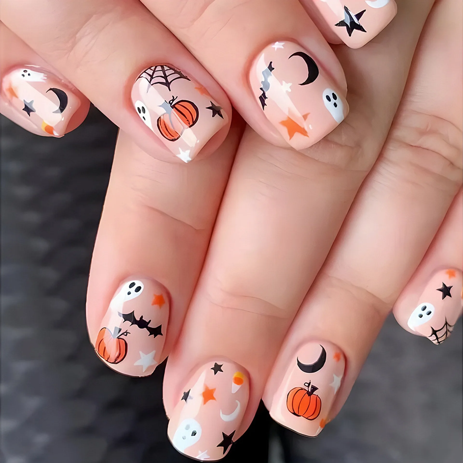 

24PCS Halloween Pumpkin Cartoon Fun Fake Nail Patch Sweet Cool Funny Wearing Armor Halloween Removable Press on Fake Nail