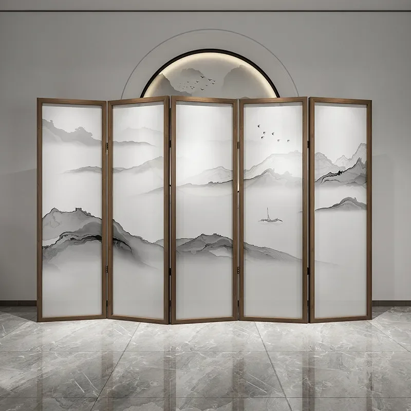 for New Chinese Folding Screen Partition Living Room Block Hotel Tea Room Office Study Mobile Landscape Solid Wood Folding
