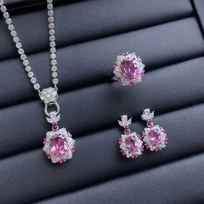 

Starry Sky Cut Dried Rose Three-Piece Full Diamond Open Ring for Women Elegant Luxurious Pendant Earrings Set