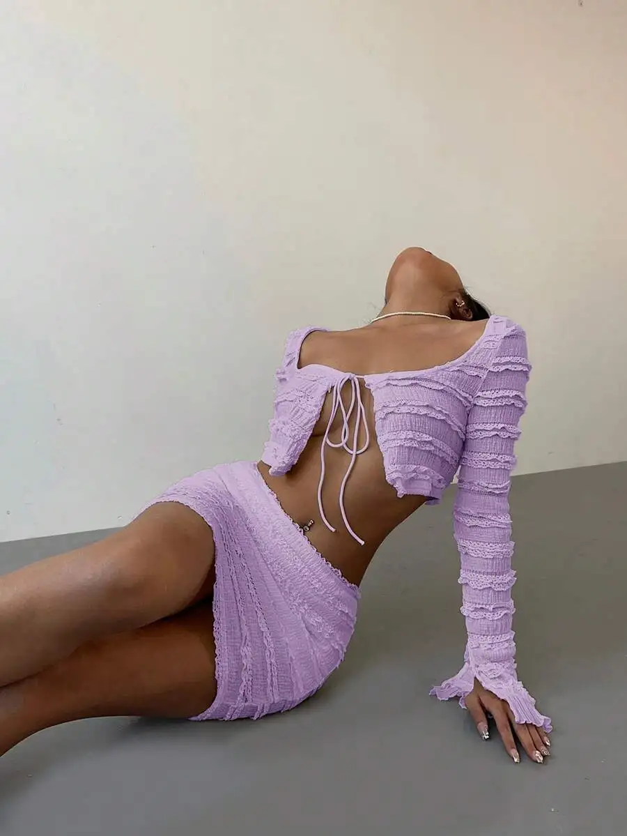 

Lavender Lace Trim Open Tie Blouse And Mini Skirt 2pcs Set Women Sexy Club Style