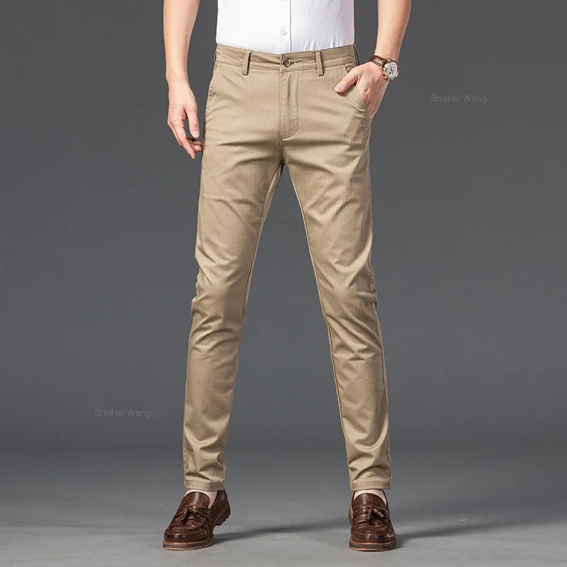 New Men\'s Business Straight Striped Casual Pants High Quality British Fashion Soft Elastic Trousers Black White Khaki Gray