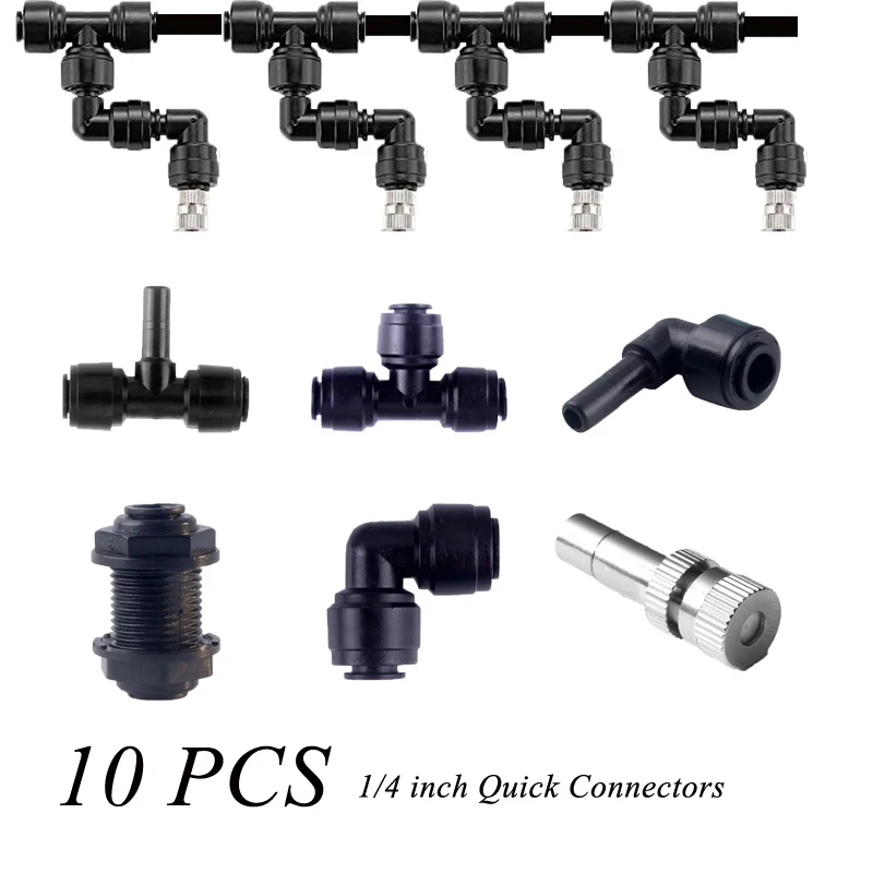 10pcs 1/4 inch Quick Connectors Slip Lock Joint T Joint L Joint Plug Fittings for Outdoor Low Pressure Misting Cooling System