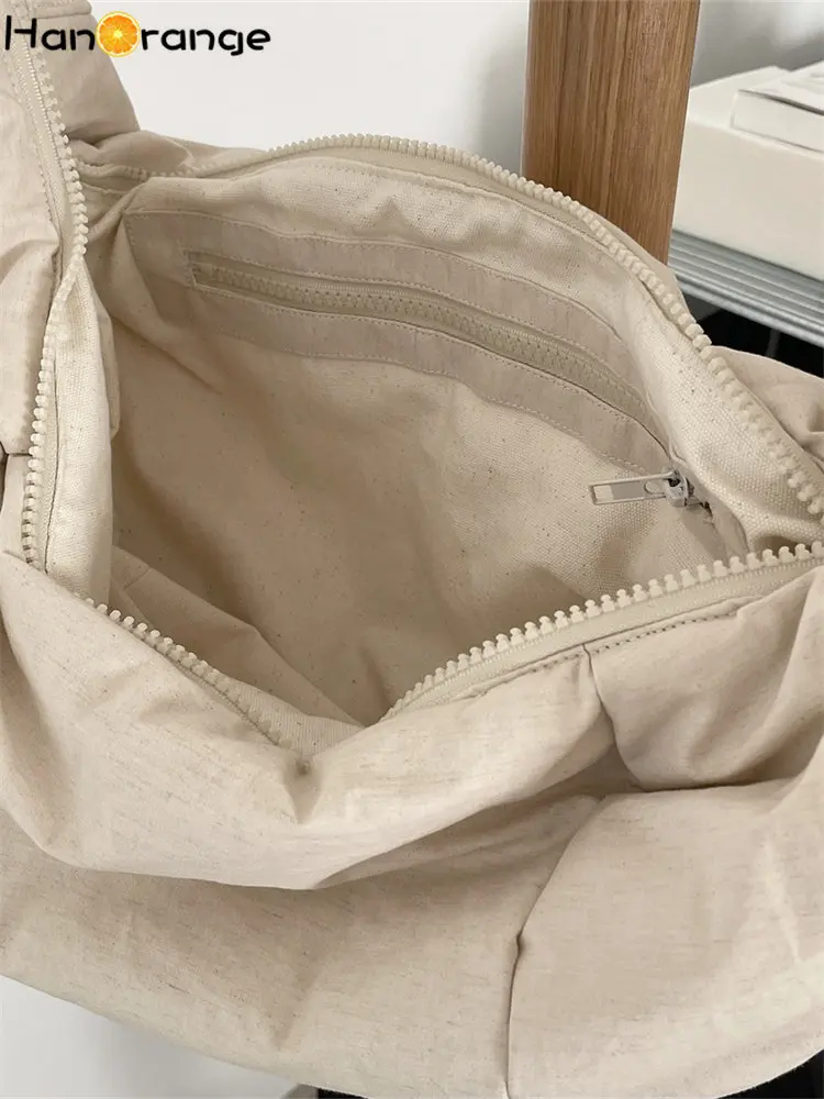 HanOrange 2024 Spring Cotton Linen Texture Cross Shoulder Dumpling Bag Women Fashion Pleated Filled Cotton Crescent Bag Female