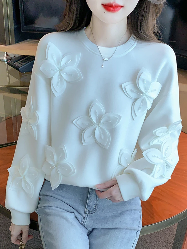 Heavy Industry Beaded Floral Appliques Sweatshirts Women Loose Casual Oversize Tops Black Pullovers Autumn Winter Warm Pulls