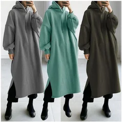 Ladies Long Sleeve Blouse Sweatshirt Autumn Winter Loose Casual Female Women Warm Fleece Hoodies Pullover Top Long Dress Vestido