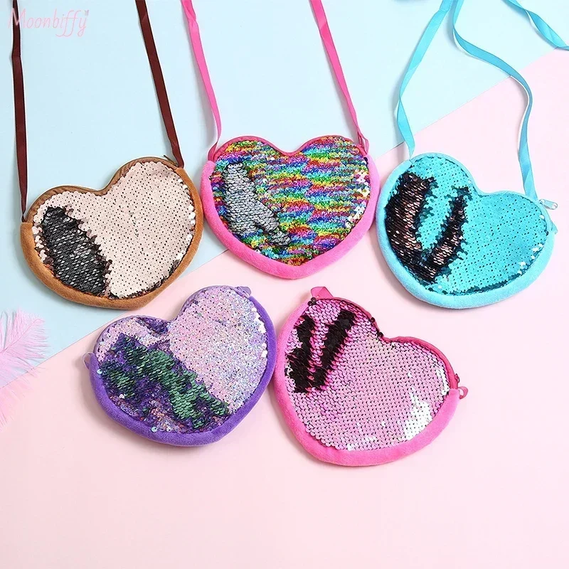 Heart Shape Coin Purse colorful Sequins Shiny Lanyard Shoulder Bag Children\'s Messenger Small Pack Kids Handbag Lovely Girl Gift