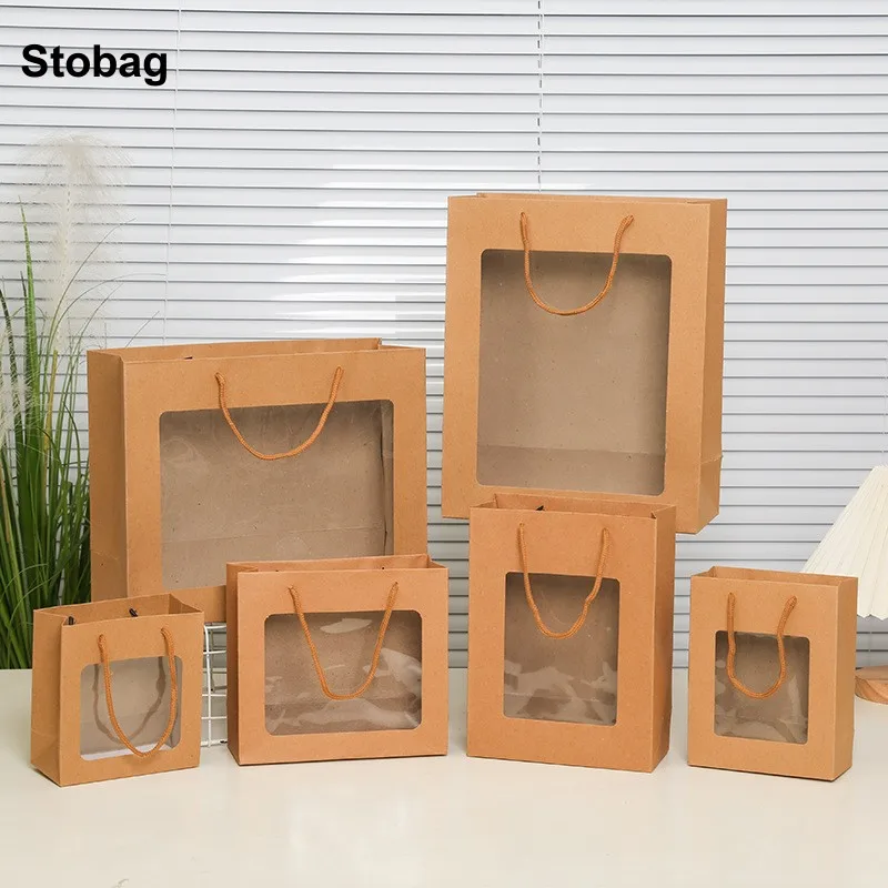 

StoBag 12pcs Kraft Paper Gift Tote Bag with Window Candy Cookies Cake Packaging Present Baking Favors Party Birthday Holiday