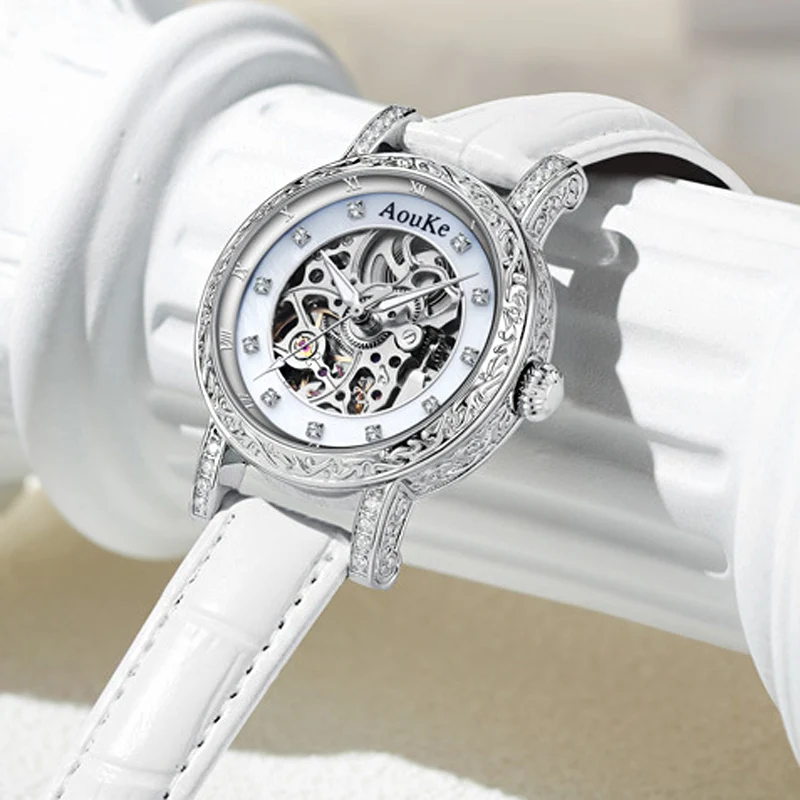 

Luxury Automatic Mechanical Watch for Women Elegant Skeleton Watches Gifts Waterproof Fashion Trend White Leather Ladies Watch