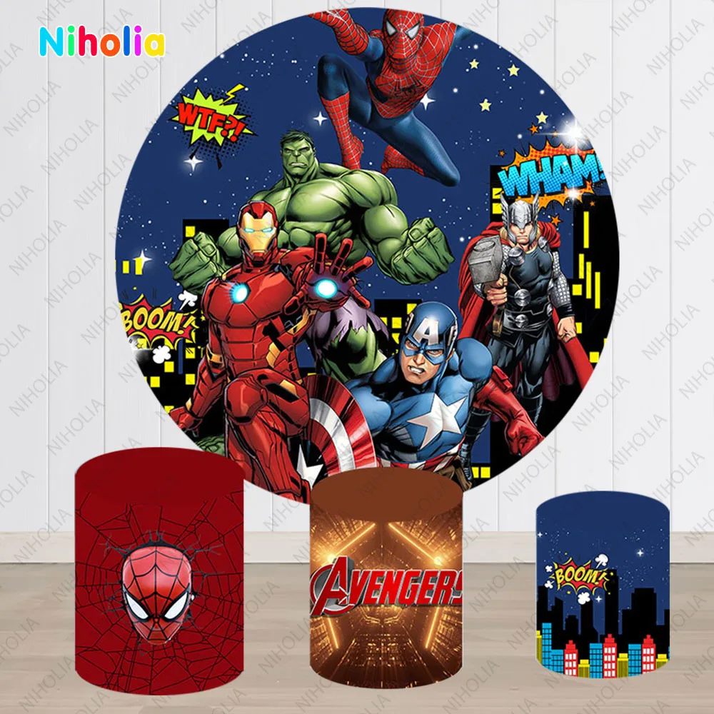 The Avengers Round Background Cover Boys Birthday Party Superhero Circle Backdrop Baby Shower Elastic Cylinder Booth Props