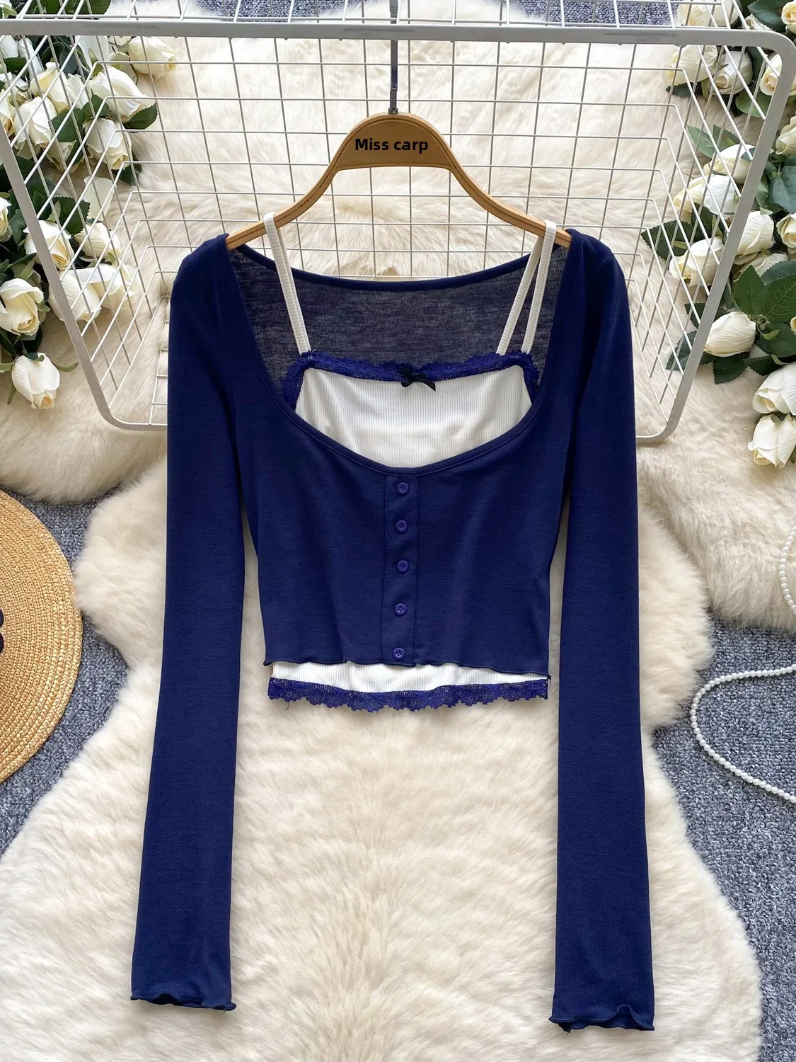 Pure Desire Vrouwen Herfst Faion Gelaagde Tweedelige Set Sexy Kant Splice Tank Top Buitenste Dunne Lange Sve cover Up