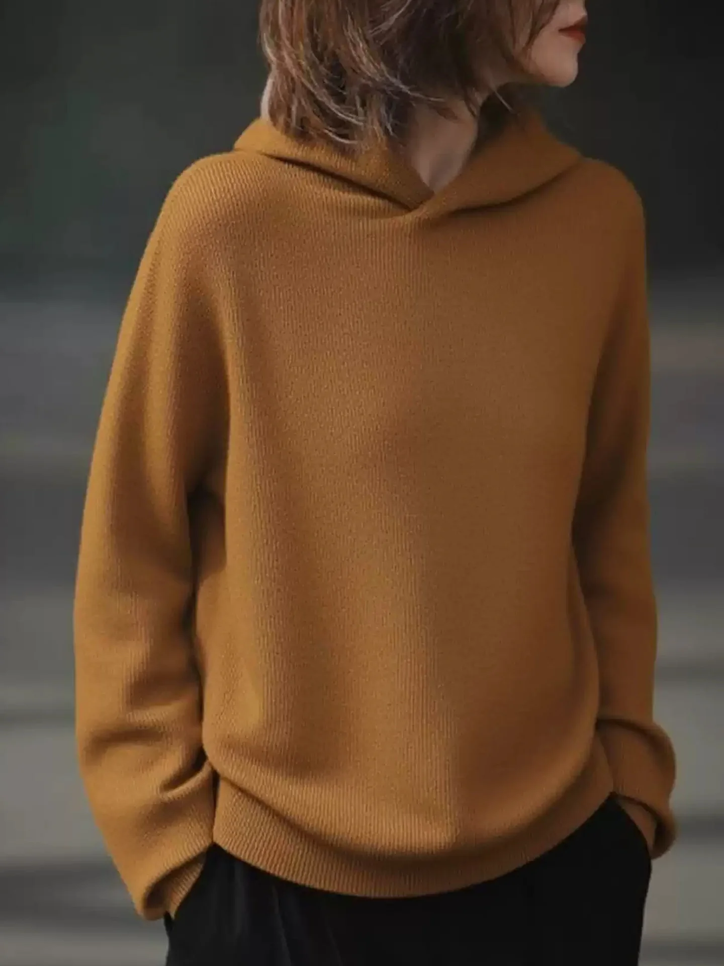 مريحة مقنعين خمر تريكو اللون طويل Sve سترة Faionable كسول Sle الكورية فضفاضة تناسب Camere الأعلى #4