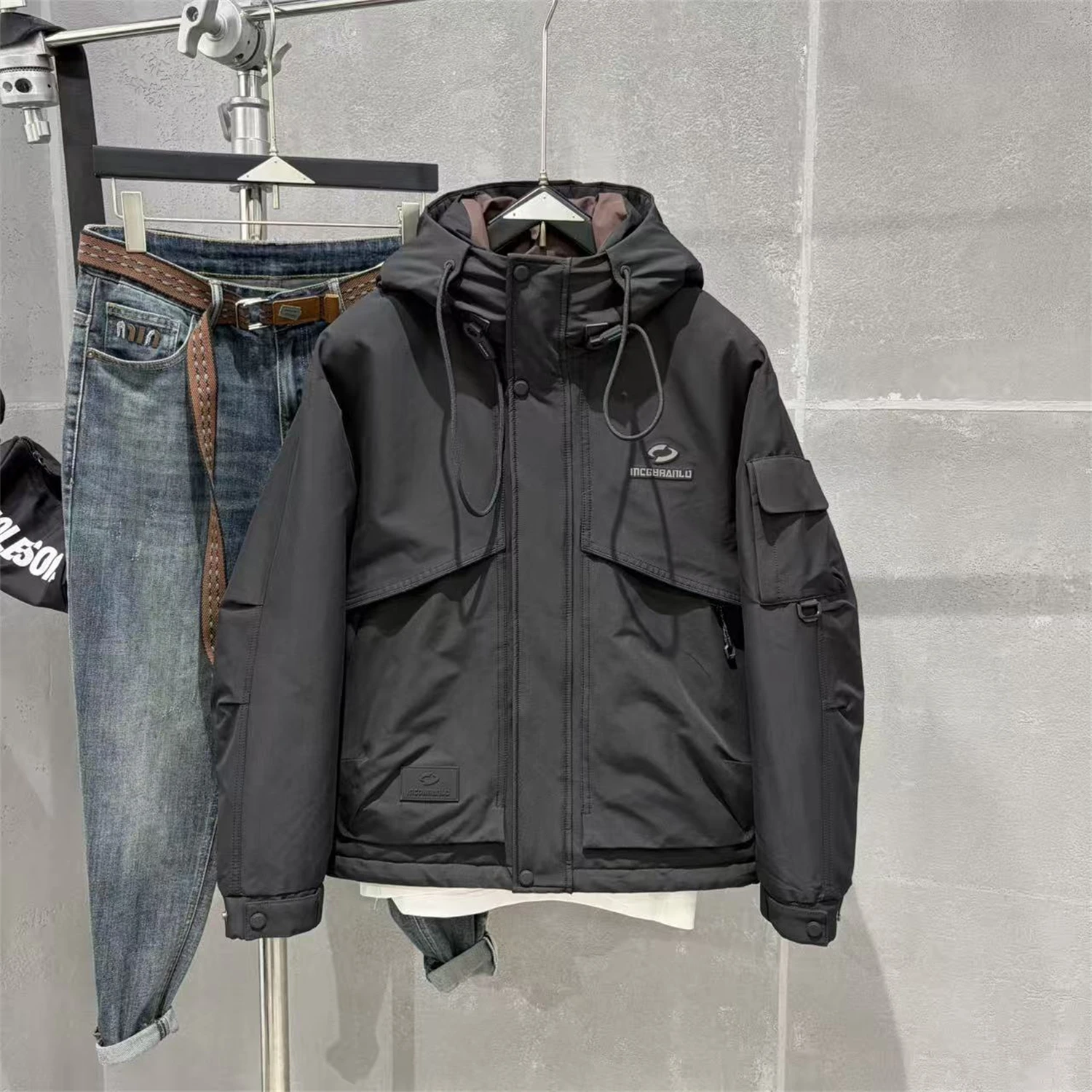 

Men's Winter Puffer Jaet Hooded Du down Workwear Sle Warmth Multi-ket Outdoor Coat Zipper Closure ort Length