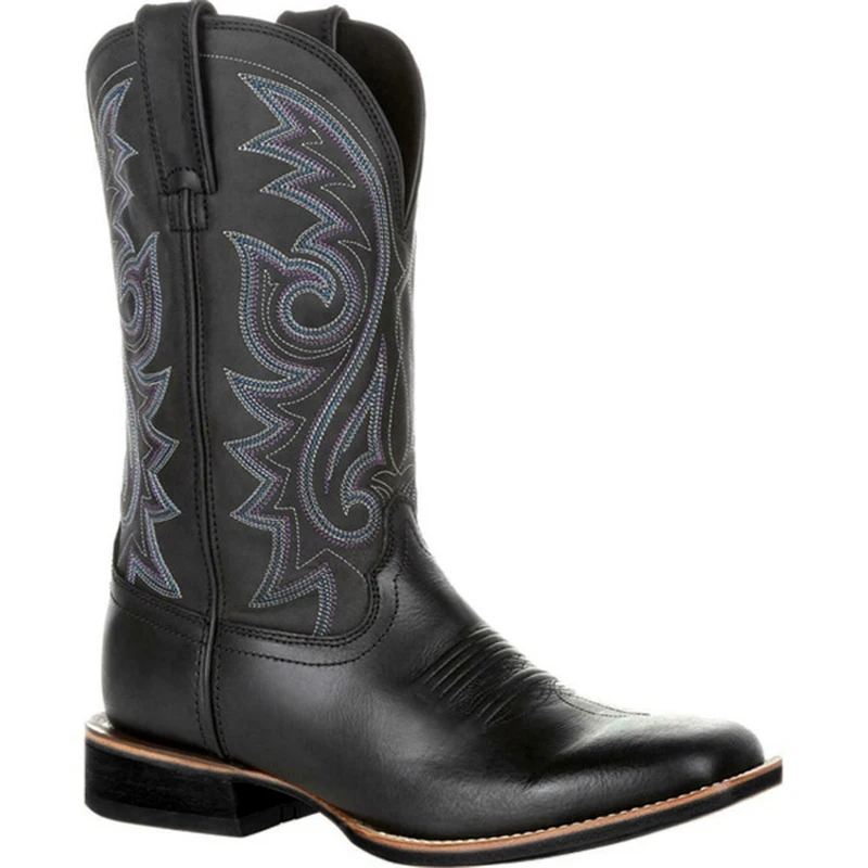 Male Western Cowboy Boots Embroidered Design Leather Boots Western Style Mid Calf Boots Outdoors High Boots Large Size 38-48