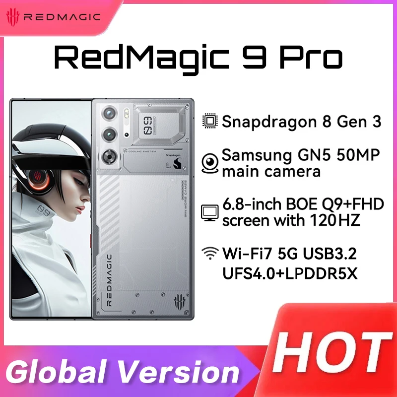 Глобальная версия смартфона RedMagic 9 Pro Snapdragon 8 Gen 3 6,8 дюйма, 120 Гц, 6500 мАч, аккумулятор, 80 Вт, быстрая зарядка, игровой телефон 5G для киберспорта