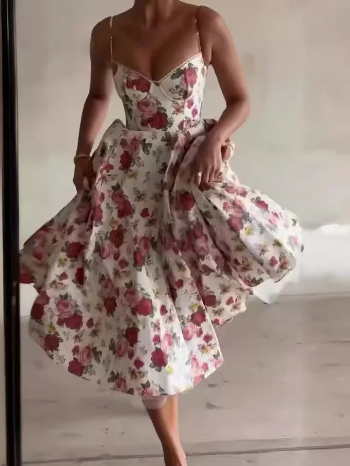 

Sexy Printed Susps Dr Strapl Waist Cinched mid Length a Line Skirt Summer Season High Waist Floral Pattern No Sve