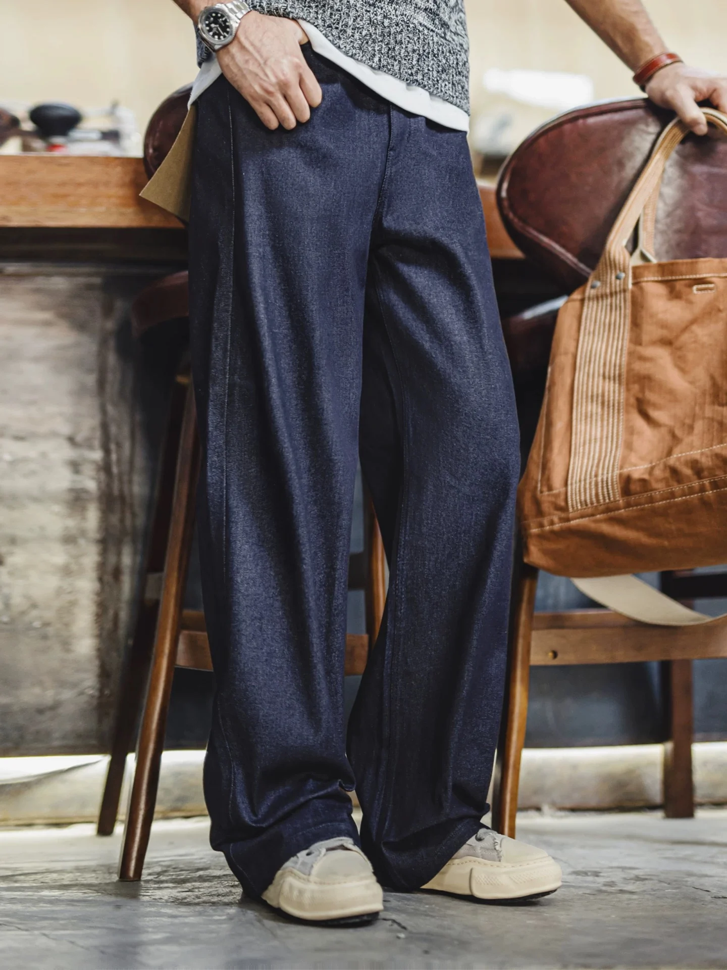 

Maden Vintage American Retro Wide Leg Straight Cut Blue Jeans Men Loose Drape Deep Blue Denim Pants Casual Loose Fit