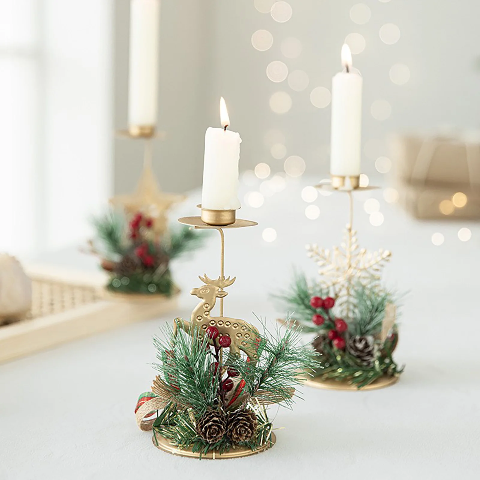 Christmas Candle Holders Set - Reindeer & Snowflake with Pine Cones Berries, Festive Metal Stands for Xmas Table Decor