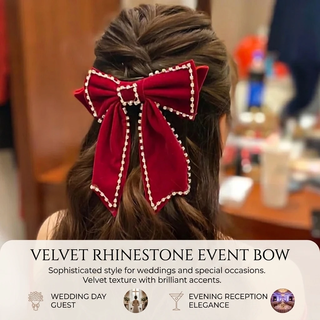 Bridal Hair Clip Velvet Bow Knot Accessory for Wedding Party Red Crystal Hairpin Elegant Half Updo Headband Jewelry Gift