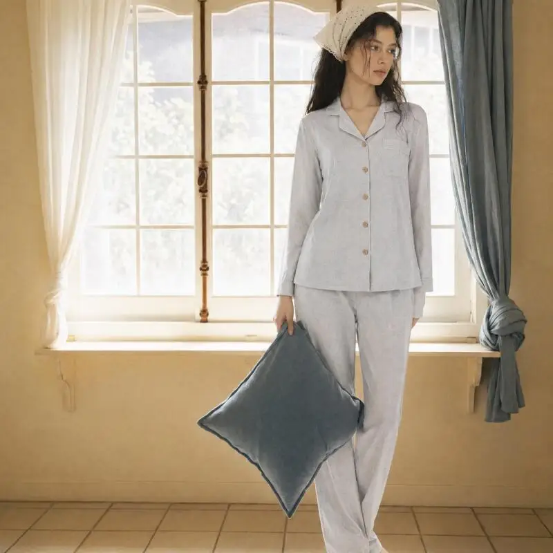 Women Cotton Pajama Set 2 Pcs Shirt&pants Homewear Pijamas Suit Set Solid Color Long Sleeves Lapel Loungewear Comfy Sleepwear