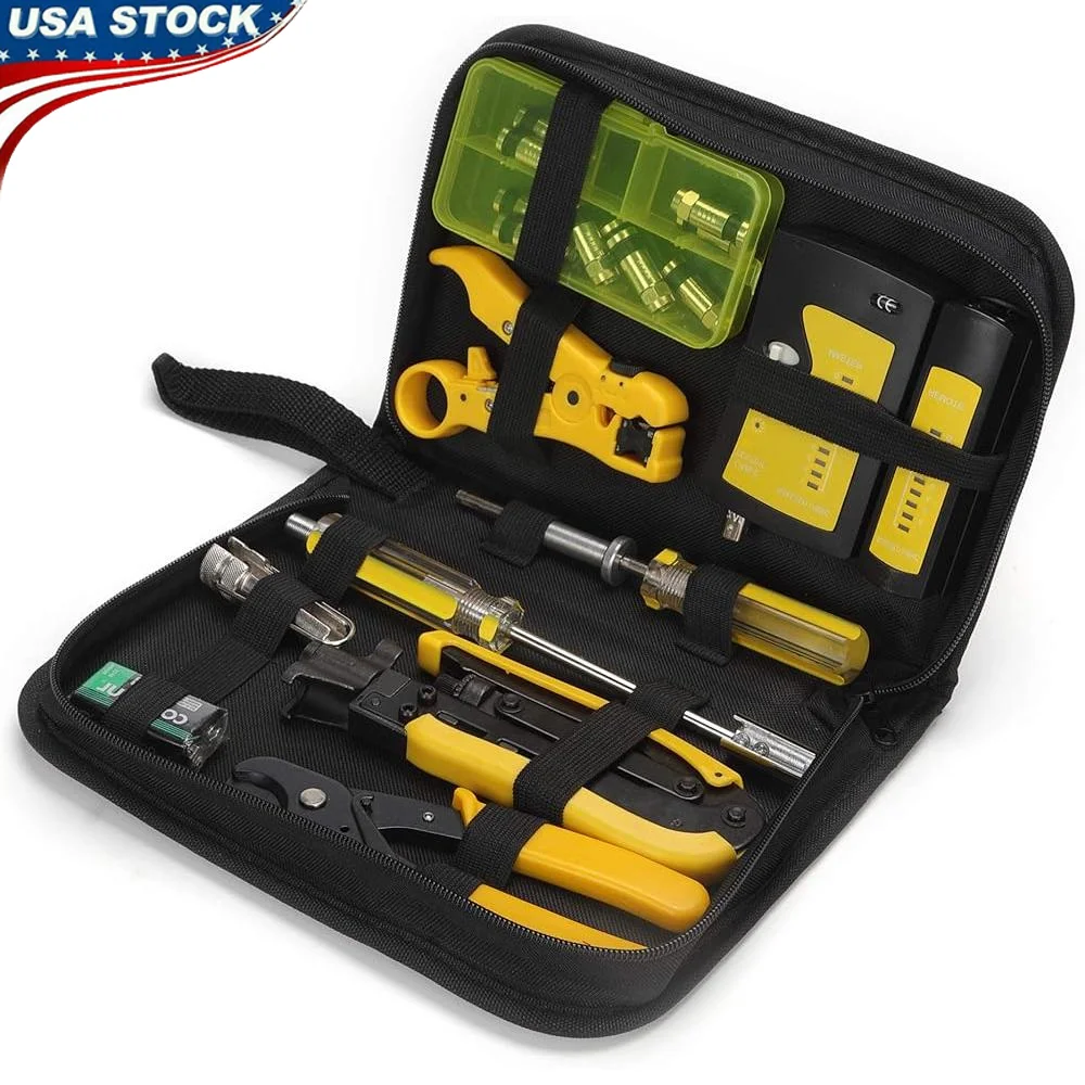 

Coaxial Cable Crimper Kit Adjustable RG6 RG59 RG11 F Compression Tool Stripper with Connectors Satellite TV CCTV Installation