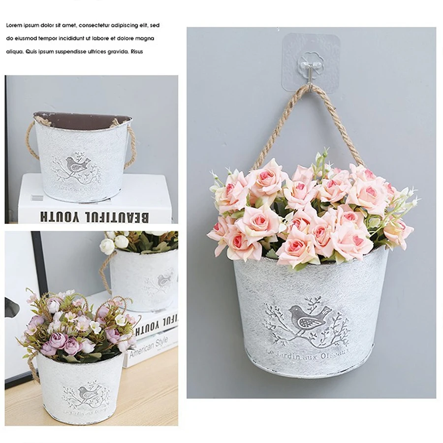 Shabby Chic Half Round Metal Wall Hanging Planter Rustic Whitewashed Flower Pot with Jute Rope for Home Wall Decor Space Saving