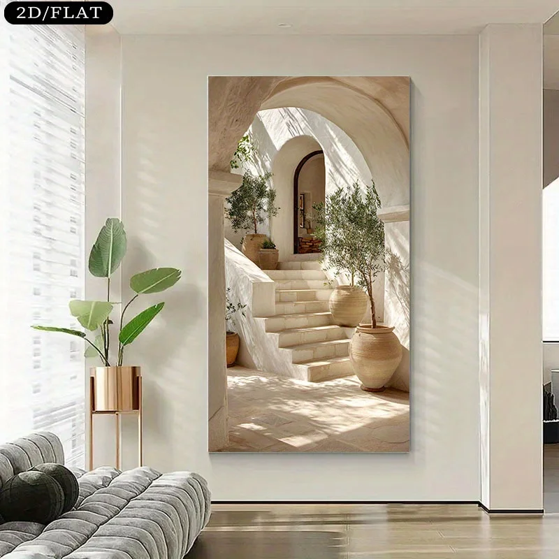 1 قطعة كبيرة شجرة زيتون البحر الأبيض المتوسط خطوات قماش طباعة الحديثة البيج الأبيض اليونانية جزيرة المشهد الجدار ملصق فني للديكور المنزل #1