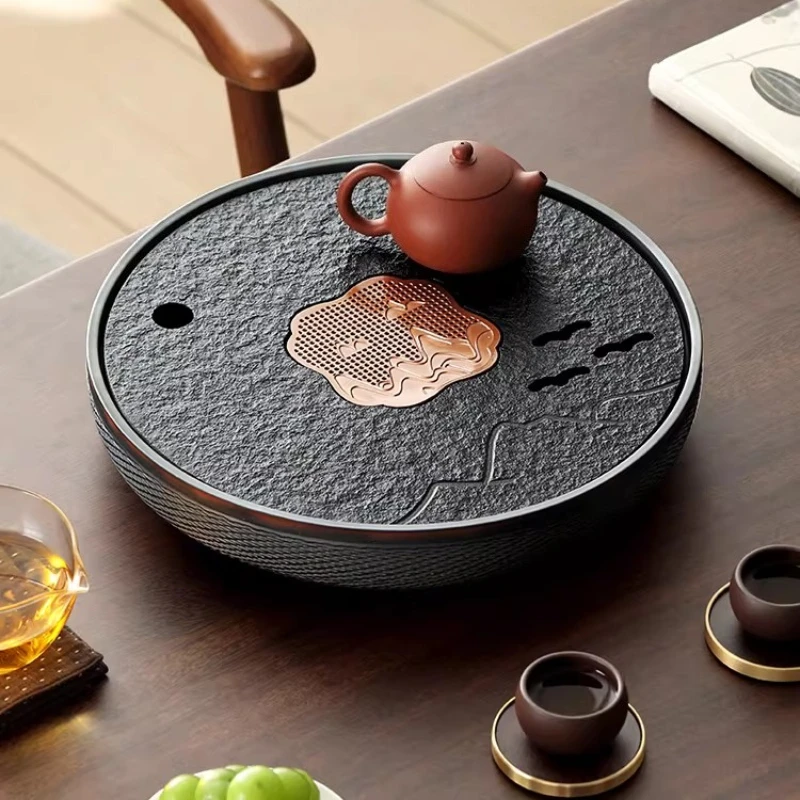 Round Ceramic Tea Tray Natural Stone Modern Chinese Tea Tray Serving Multipurpose bandeja de bambu para cozinha Tea Supplies