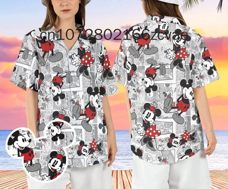 Chemise hawaïenne bohème pour hommes et femmes, chemise de plage, tureMouse, château magique, Disney, Minnie