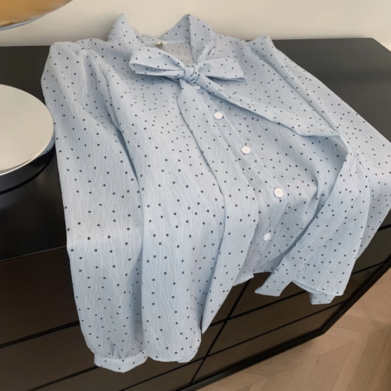 Light Blue Tiny Black Polka Dot Bow Tie Neck Long Sleeve Blouse Women Wrinkle Textured Chiffon Puff Cuff Elegant Office Shirt - view 4