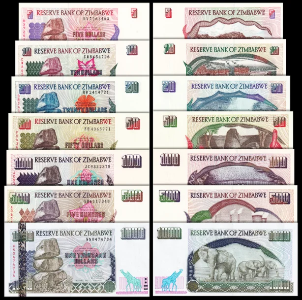 1994-2003 Zimbabwe 5-1000 dollar Original Notes UNC (Fuera De uso Ahora Collectibles)