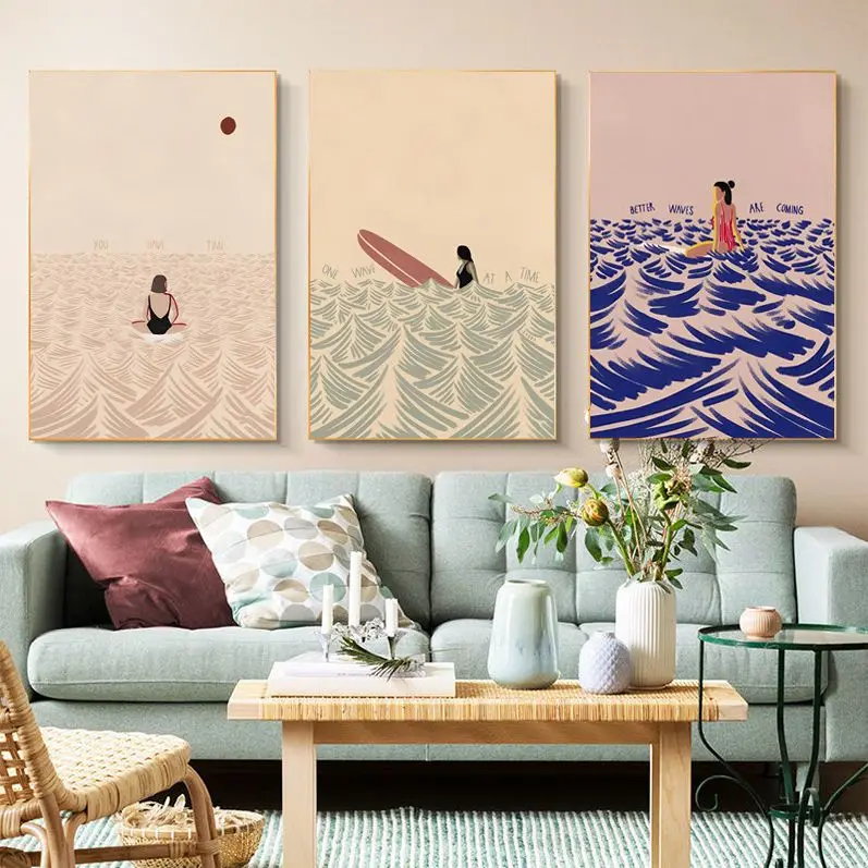 

Beach Man Girl Surf Vintage Posters Sticky HD Quality Wall Art Retro Posters For Home Room Wall Decor