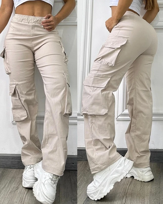 

Women's Pants 2025 Spring New Fashion High Waist Side Cargo Pockets Straight Leg Pants High Waist Casual Loose Fit Cargo Pants