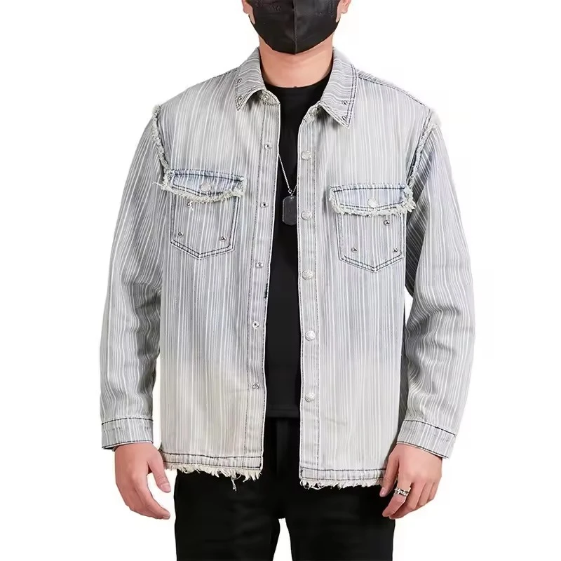 

Men's Tassels Denim Striped Retro Casual Loose Long Sleeve Rivet Ribbed Shirt Jacket Cowboy Streetwear Plus Size Shirts Blouses