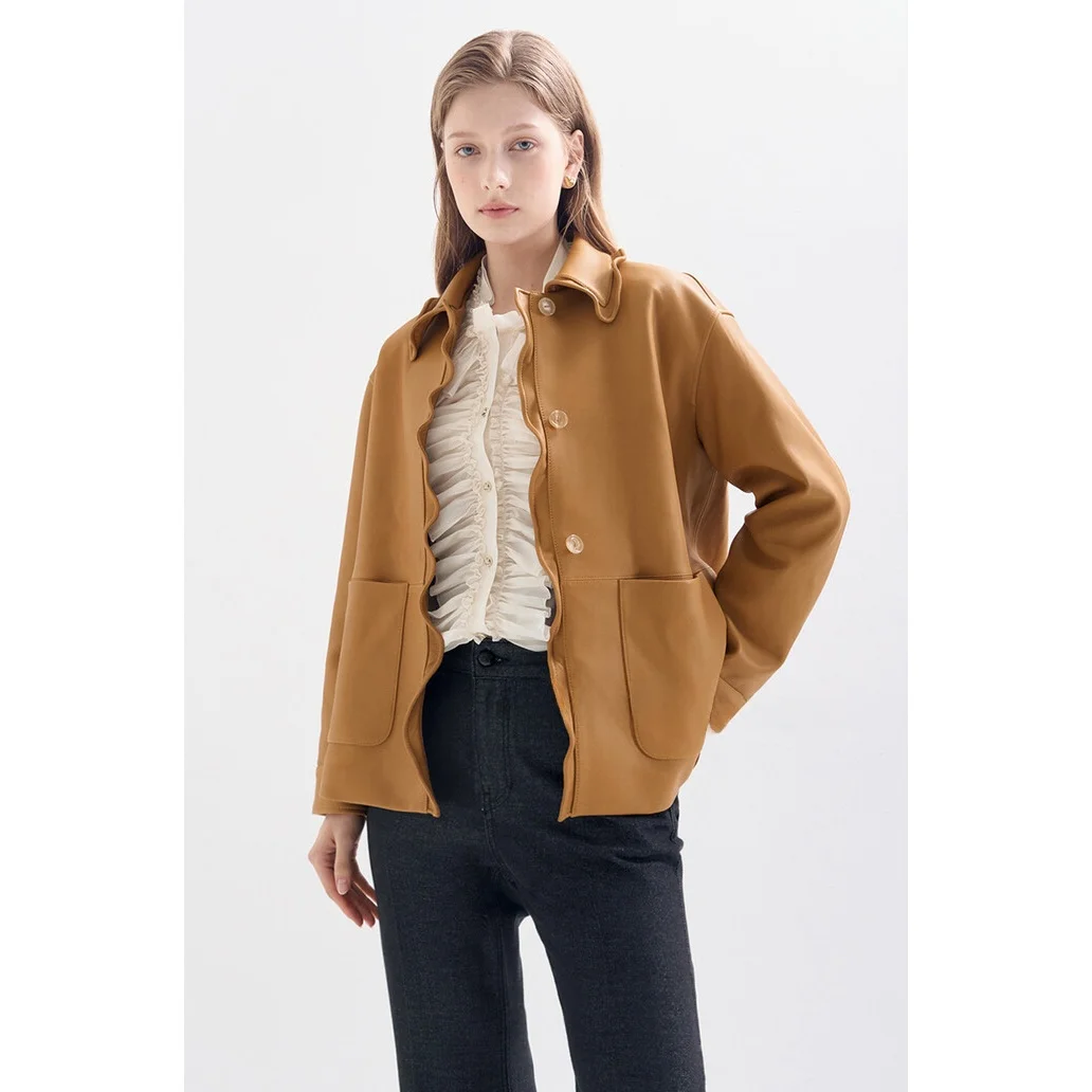 QPP Commute Sle سترة جلدية صناعية مع ياقة كشكش تصميم التخسيس للسيدات Faion قطعة واحدة معطف شتوي طويل Sve