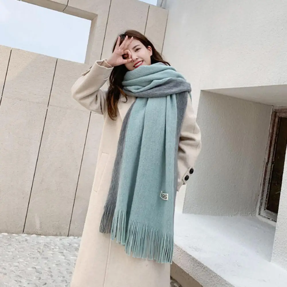 Winter Women Scarf Thick Warm Long And Width Color Matching Patchwork Windproof Tassel Decor Anti-shrink Heat  Neck Wrap