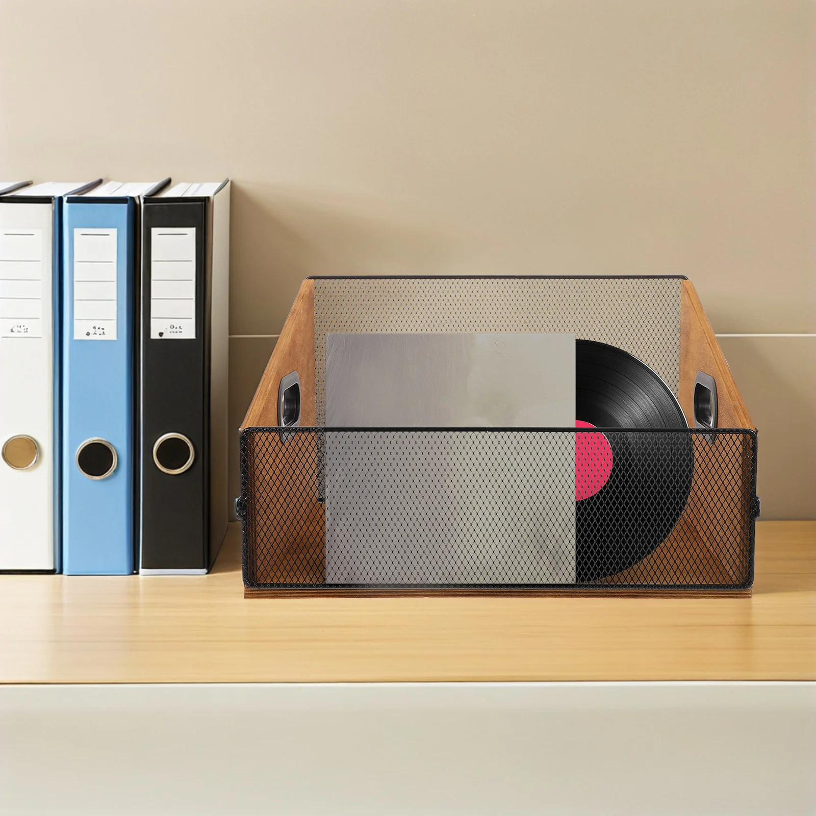 Wooden Record Storage Crate Vinyl Album Organizer Rustic Media Storage Holder Handles Desktop File Organizer Vinyl Records Box