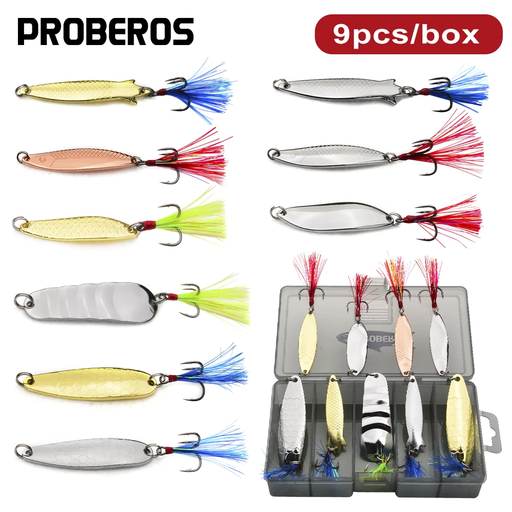 

Proberos Rotating Hard Metal Glitter Spoon Shaped Fishing Bait With Sharp Three Hook Bass Trout Salmon Seawater Fishing Lures