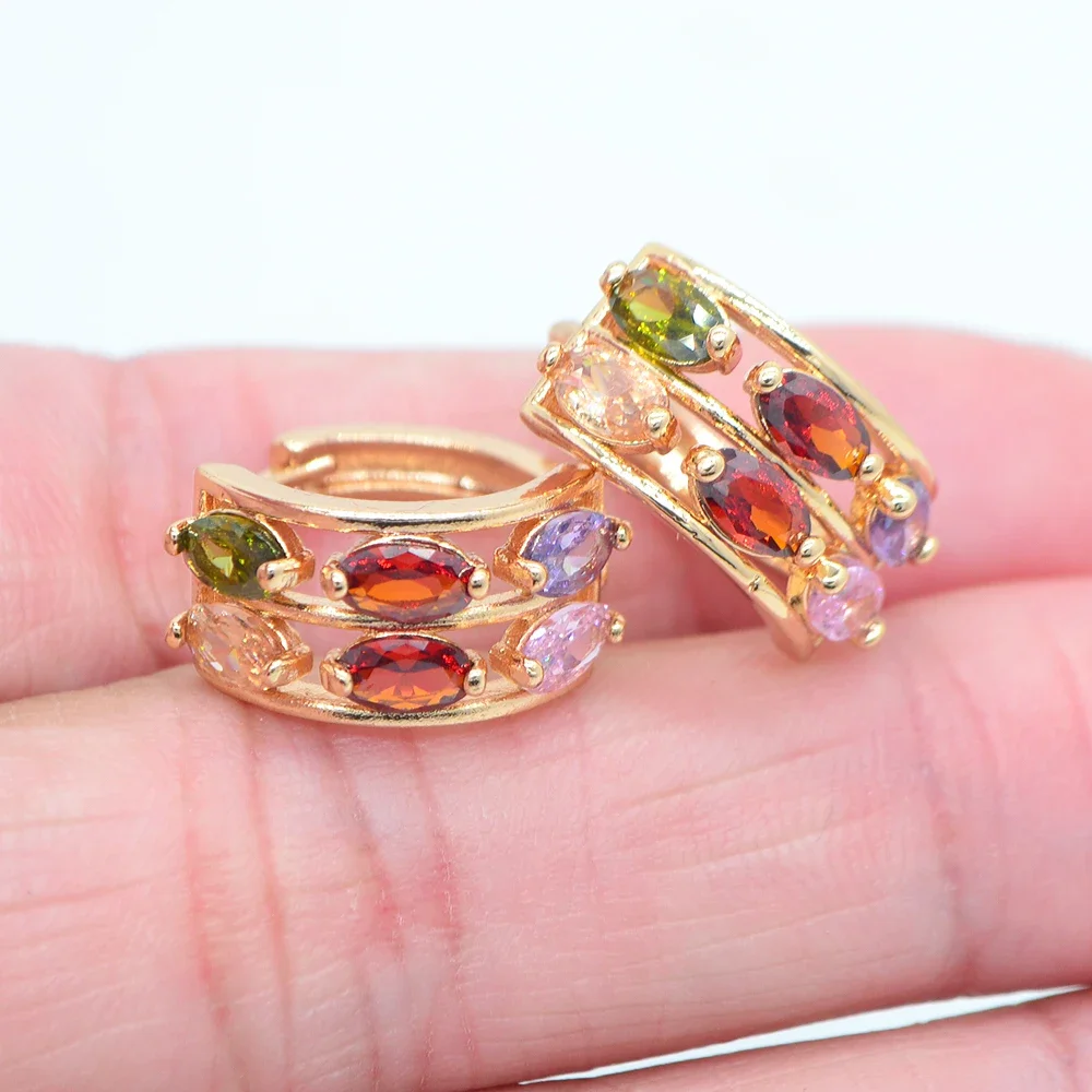 Fashion Gold Color Multicolor Zircon CZ Doule Line Hollow Huggie Hoop Earrings