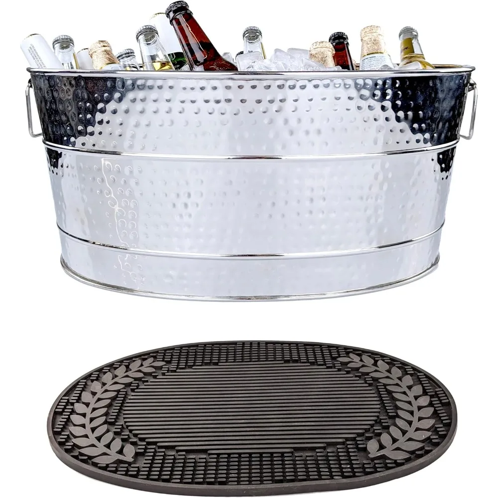 

Stainless Steel Beverage Tub + Insulated Multi-Functional Bar Mat for Parties & Events - Wedding Gifts, Anniversary, Wine Nights