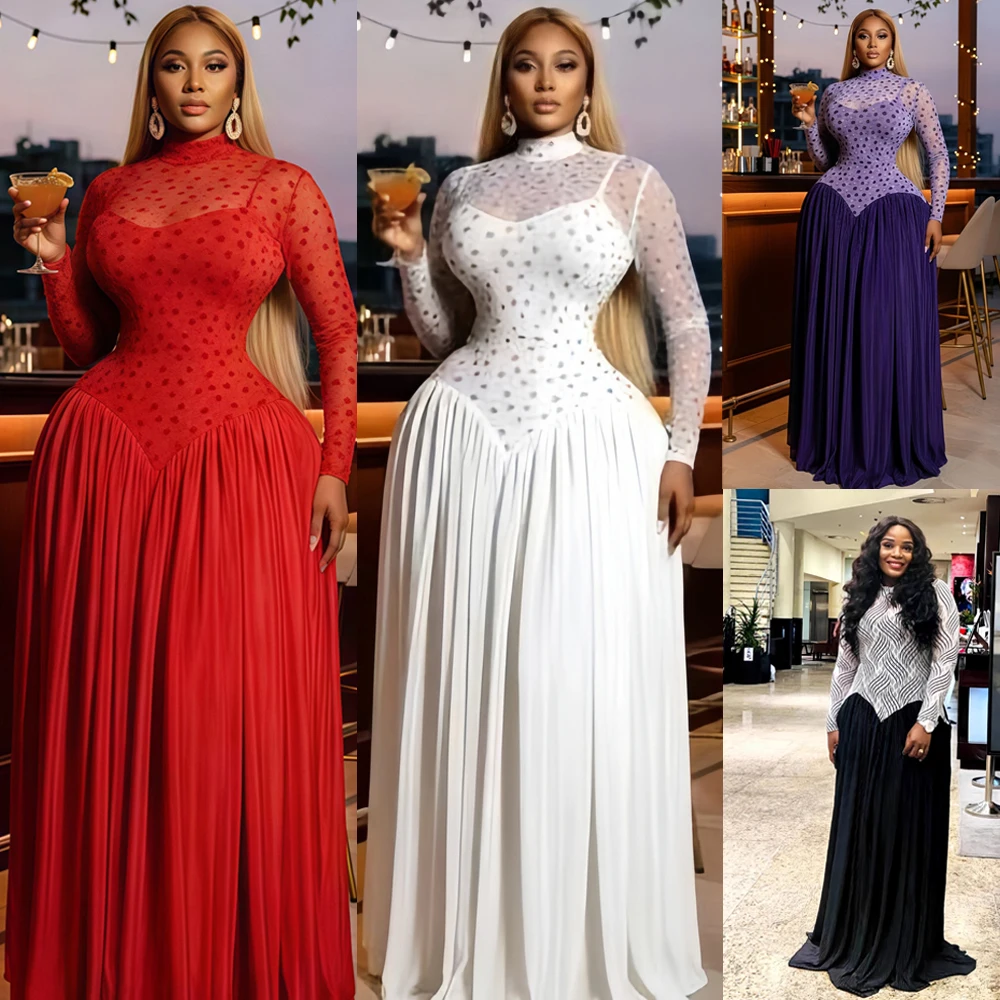 Two Color Patchwork Women Dress Fashion Sheer Mesh Top Long Sleeve Maxi Dress Parties Wear Elegant African Robe with Inner Dress