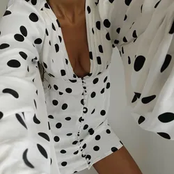 Sexy Women Lantern Sleeve High Waist High Street Dresses Lady 2024 Deep V-Neck Short Dress Show Style Polka Dot Slim Mini Dress