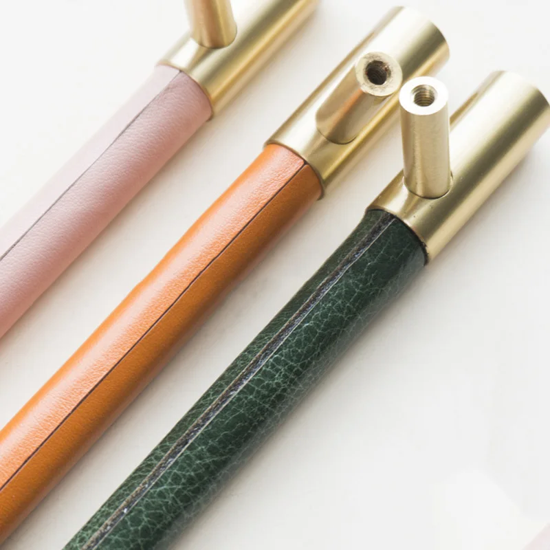 Leather Wardrobe Handles Natural Cow Leather Cabinet Pull Bars Brass Furniture Dresser Closet  Knobs