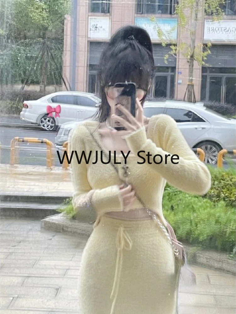 2023 Autumn Solid Elegant Suit Woman Casual Short Sweater Tops + Y2k Slim Bodycon Midi Skirt Outwear Korean Fashion 2 Piece Set