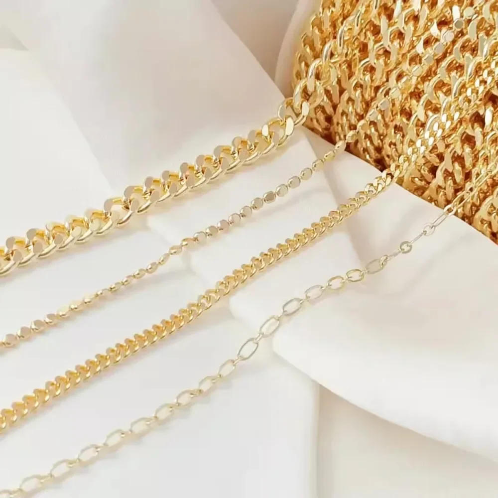 

14K Gold-plated Side Chain Glittered Ground Chain, Flat Bead Chain, Oval 0-shaped Loose Chain, Handcrafted DIY Jewelry Accessory