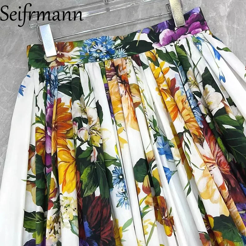 Seifrmann Fashion design Abito da donna Colletto rovesciato Top monopetto a maniche lunghe + Gonna a pieghe Stampa in cotone Set da 2 pezzi