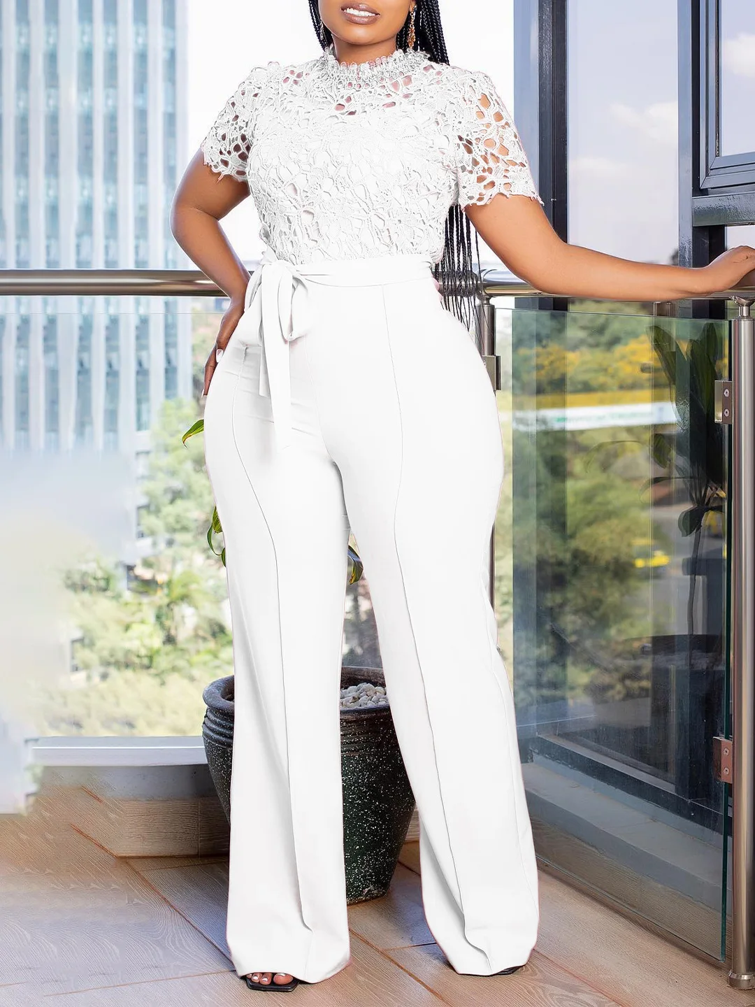 Women's 2025 summer sexy lace-trimmed cutout short-sleeved lace-up high-waisted wide-leg jumpsuit