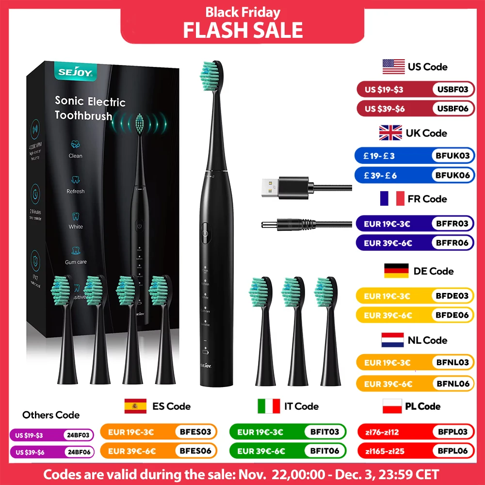 Sejoy Electric Ultrasonic Toothbrush 5 Speed Mode USB Charging Waterproof Cleaner Oral Care Toothbrush with 7 Toothbrush Head