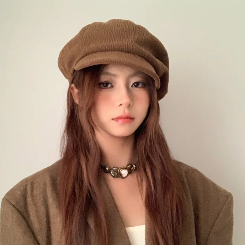 Ins Retro Brown Corduroy Berets Caps for Women Spring and Autumn Travel Casual Versatile Literary Show Face Small Octagonal Hat