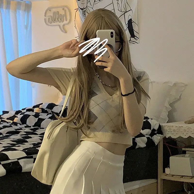 Zomer Nieuwe Patchwork Kleur Plaid Gestreepte Gebreide Top Vrouwen Loose Fit Cropped Korte Mouw Top Dunne Shirt V-hals Truien D559